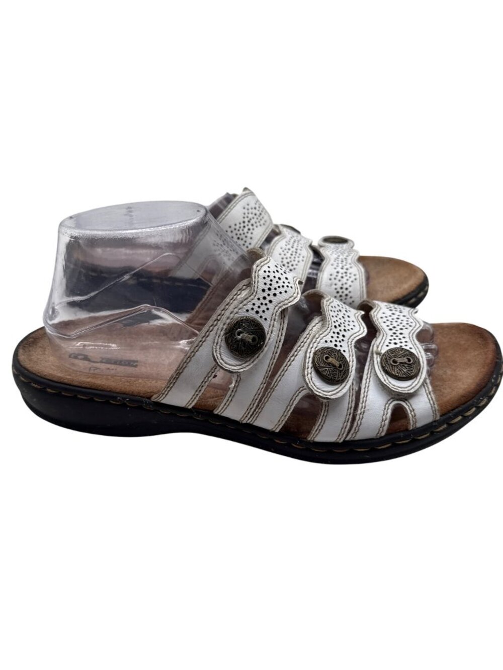 Clarks Size 10  White Perforated Falk Leather Slide Sandals Accents Button